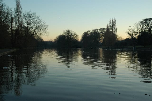 Trittiford Mill Pool, Yardley Wood, at dusk